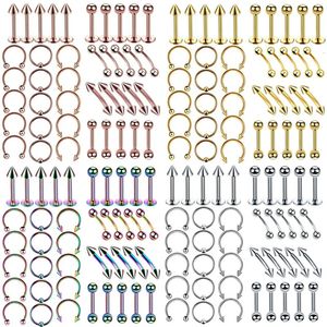 Steel Body Piercing Jewelry Lot Bulk Nose Ring Tongue Bar Eyebrow Labret Set Horseshoe Pack 240409