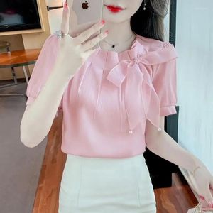 Kvinnors blusar Chiffon Pink Blouse Women Fashion Elegant Korean Shirt 2024 Summer Short Sleeve Plus Size Tops