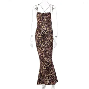 Casual Dresses Lightweight Dress Elegant Leopard Print Maxi For Women Spaghetti Strap Backless Party Prom Sundress Off Shoulder Slim Fit