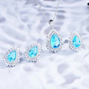 Uppsättningar 2022 Fashion Design Water Drop Crystal Earring Silver Color Sea Blue Cubic Zirconia Bröllop Smycken Set för kvinnliga smycken