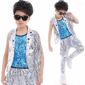 Scene Wear Jazz Dance Child Costume Boys Hip Hop Street paljetter Tassel Blue Vest Harem Pants Passar Kids Dancing Clothes DNV10052