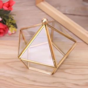 Vintage dekoratif takılar gösterge Göğüs Geometrik Terrarium Pencere Kutusu Depo Depolama Dava Pentagon Şekli Temiz Cam ve Pirinç Tonu