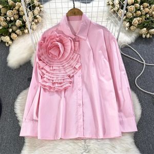 3D 플라워 폴로 칼라 여자 블라우스 가을 싱글 가슴 느슨한 블루스 우아함 우아함 Finas para mujer chic tshirt for Women Dropship 240329