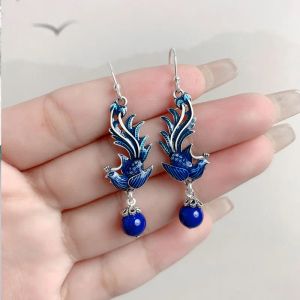 Earrings 925 Sterling Silver Blue Phoenix Drop Earrings for Women Ethnic Vintage Lapis Lazuli Enamel Bird Hanging Earrings Jewelry EH185