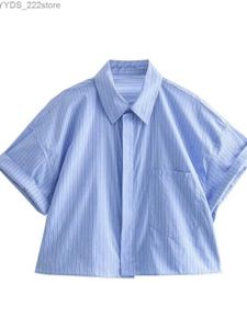 Men's Casual Shirts XNWMNZ 2024 Womens Fashion Crop Poplin Shirt Womens Casual Lapel Short Sleeve Pocket Front Button Paradigm Womens Top yq240422