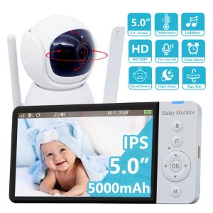 Monitorer 5,0 tum Video Baby Monitor med PTZ Camera 5000mah Battery IPS Screen Wireless 2way Audio Vox Lullaby Record Camera barnvakt