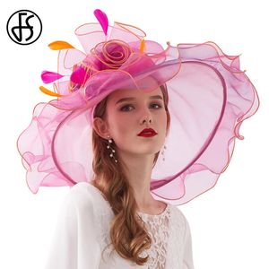 FS Organza Hats for Women Wide Brim Beach Cap welon Flower Pióro Wedding Elegancki kościelny impreza Fedoras 240401