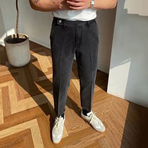 Mens French Slim Fashion Distressed High Waist Jeans Genderless Retro Solid Color Denim Straight Leg Casual Nine-Point Pants 240410