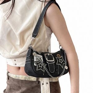 Small Design Trend Jeans Underarm Bag Women's New Cross-Shoulder Bag Axel canvas fi chain Bag a6nx#