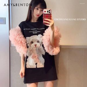 Party Dresses Fashion Brand Heavy Industry Stitching Puffy Mesh Sleeves Vestidos Cartoon Print Youthful-Looking Loose Slimming T-shirt