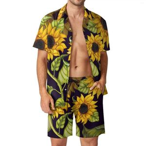 Men's Tracksuits Watercolor Sunflower Men Sets Green Leaf Trendy Casual Shirt Set Short Sleeve Graphic Shorts Summer Vacation Suit Plus Size