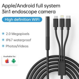 Cameras 3in1 Endoscope Camera Single Lens 8mm WIFI Endoscopic Camera Waterproof Inspection Borescope 8 LED USB C For Android IOS Iphone