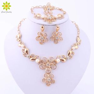 Strands Simulated Pearl Jewelry Sets For Women Flower Pendant African Beads Crystal Necklace Earrings Bracelet Ring Fine Accessories