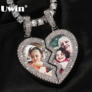 ネックレスUWIN BROUKER HEART MEDALLION PICTURE PENDANT NECKLACESアイスアウトCZハーフマグネティックハートチャーム愛好家のためのファッションジュエリー