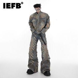 IEFB Denim Jacke Set männliche Nische Zerstörung Mikrohorn Ripped Jeans Single Breasted Stand Halsband Vintage Mode 24x1352 240415