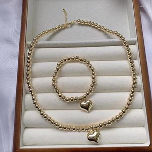 Necklace Earrings Set Lover Gift Heart Pendant With Bracelet Gold Plated Brass Big Ball Bead Chain Jewelry For Women