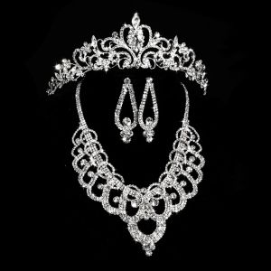 Halsband Treazy Gorgeous Diamante Rhinestone Crystal Bride 3st Set Choker Halsband örhängen Crown Tiara Bridal Wedding Prom Jewelry Set