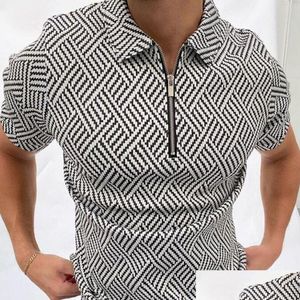 Men'S Polos Mens Summer Golf Plaid Dot Print Lapel Half Zip Short Sleeve Tops Sportswear Casual Slim Fit Shirts 220614 Drop Delivery A Dhze1