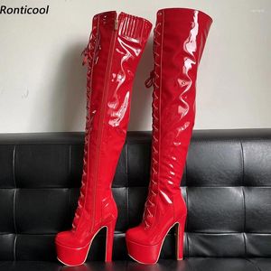 Botlar ronticool el yapımı kadın uyluk unisex stabil yüksek topuklu yuvarlak ayak parmağı güzel kırmızı siyah beyaz gece kulübü ayakkabılar beden 5-16