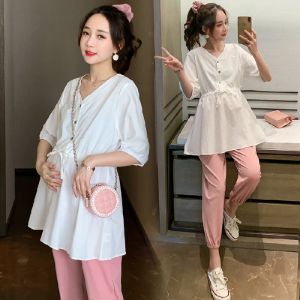 Shirts 6665# Summer White Cotton Maternity Blouses Drawstring Slim Waist Loose Shirts Clothes for Pregnant Women Pregnancy Tunic Tops