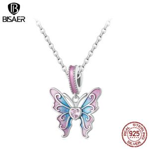 Necklaces BISAER 925 Sterling Silver Pink Butterfly Pendant Necklace Egradient Enamel Plated Platinuma Ajustable Chain Women Fine Jewelry