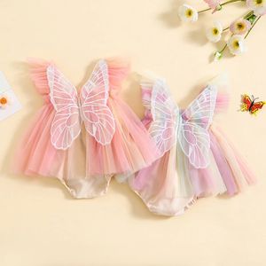 Meninas para meninas infantis vestido bordado borderfly asa de borboleta luva de mosca arco -íris cor de tule de tule macacão roupas de bebê roupas de verão 240409