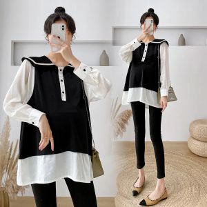 Shirts 2024 Autumn Maternity Shirts Large Turndown Collar Long Sleeve Half Button Fly Pregnant Woman Blouses Black White Patchwork Top