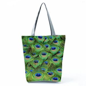 Shoulder Bags Bright Colors Peacock Feather Printed Handbag Foldable High Capacity Women Bag Eco Green Shopping Travel Beach