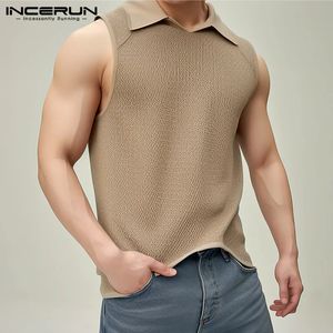 INCERUN Men Tank Tops Solid Color Lapel Sleeveless Streetwear Casual Vests Summer Korean Style Fashion Clothing S-5XL 240419