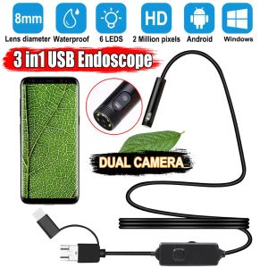 Endoscópio de lente dupla de câmeras 2mp 1080p para câmera de endoscópio de telefone Android 8mm IP67 Câncer USB C 5M com borrescope de luz LED