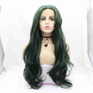 Высококачественные модные парики онлайн -магазин Новый передний кружево темно -зеленый сплит длинные вьющиеся волосы синтетические волокно парики