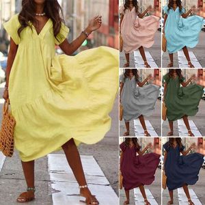 Casual Dresses Large Size Loose V Neck Pullover Cotton Linen Female Summer Short Sleeve Splicing Big Hem Dressy Women Solid Color Gown