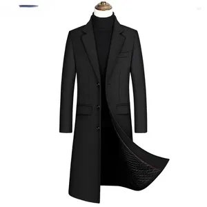 Trench de trincheira masculina à prova de vento versão coreana de peito único de joelho comprido grosso 30% lã de lã casaco casual parka casual