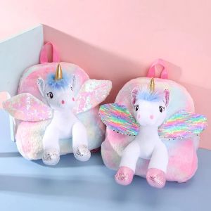 Väskor 3D Unicorn Plush Back to School Bag Kawaii Furry Cartoon School Bag for Girl Toy Doll Ryggsäck för dagis barnflickor gåva