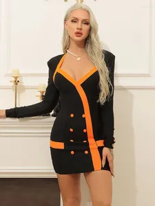 Casual Dresses Elegant Long Sleeve Square Collar Bodycon Bandage Sexy Black Patchwork Single Breasted Runway Evening Party Mini Dress