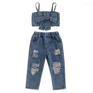 Kleidungsstücke Kinder Girls Girls Sommer Denim Outfits Fashion Bowknot ärmellose Cami Tops und zerrissene Hosen Jeans 2pcs Kleidung Set Set