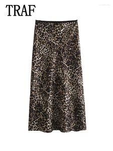 Kjolar kvinnor vintage chic leopard kjol 2024 mode vår sommarlovs blixtlås lång rak