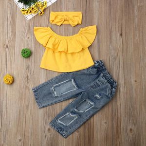 Set di abbigliamento 2-6 anni di moda per bambini da bambina dalle spalle tops strappato jeans denim pantalone 3pcs vestiti