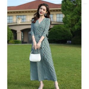 Casual Dresses Break kjol 2024 Summer Green Bottom PRINT LÅNG SLIM FIT Dress Celebrity Style Wrap