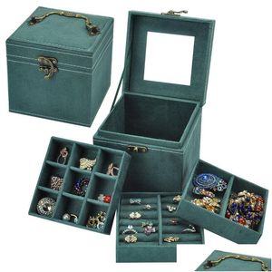 Configurações de jóias Vintage Casos de armazenamento de caixa de três anos vintage com espelho de madeira Organizador de embalagem para brinco de colar caixas OTLPJ