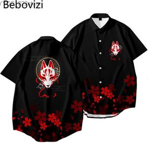 Herren lässige Hemden 2021 Japanischer Stil Herren Fox Street Kleidung Haian Beach Hemd Sommer kurzärmelig Harajuku Hip-Hop Black Aloha Shirt YQ240422