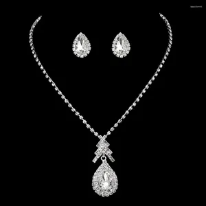 Necklace Earrings Set BLIJERY Simple Crystal Teardrop Jewelry Silver Color Rhinestones Wedding Bridesmaid Bridal