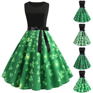 Casual Dresses Women Vintage Cocktail 2024 Party Wedding Guest Dress Bowknot Belt Aline For Clover Print Summer