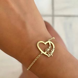 Bracelets Heart Two Name Bracelet for Women Customized Handmade Jewelry Stainless Steel Nameplate Bracelets Femme Personalized Gifts