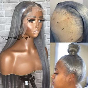 13x4 Straight Silver Grey Human Hair Wigs for Women Gray Transparent HD Lace Frontal Wig Glueless Colored Synthetic Wig Preplucked 100