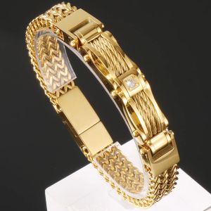 Strands 316L Stainless Steel Man Bracelet Gold Plated 12MM Franco Link Chain Bracelets for Men With CZ Birthday Jewelry Gifts for Dad