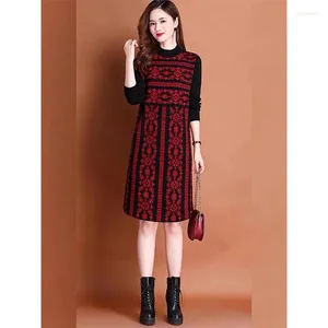 Casual Dresses Women's Knee Length Knitted Vintage Jacquard Dress Spring Long Sleeve O-neck Thick High Quality Wool