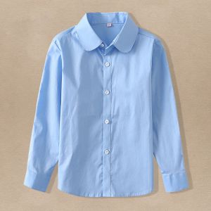 Camisetas camisetas camisetas azuis para meninas uniformes escolares blusas para menino manga comprida estilo algodão de algodão roupas vestidos 6 8 10 14 y