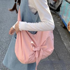 DrawString Xiuya Pink Sweet Shoulder Bag For Women Canvas Elegant Korean Style Fashion Crossbody Bow Large Capacity Female Handbag
