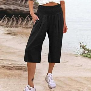 Frauenhose Capris Womens Casual Hosen Weitbein geschnittene Hosen Baumwolle und Leinen Taille Cover bequem lässige dünne Weitbein geschnittene Hosen Y240422